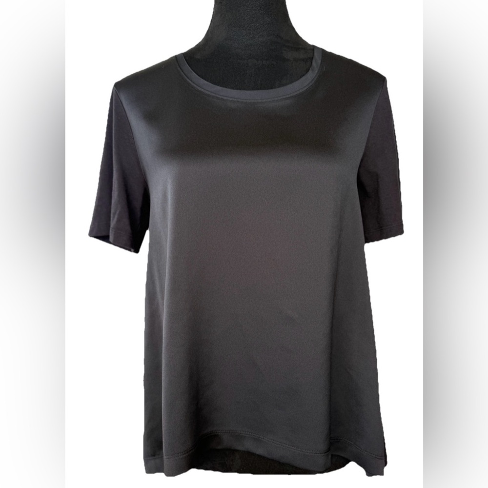 Nordstrom Black Satin Front Blouse Tencel Modal High Low Hem Short Sleeve Top M